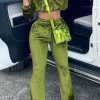 2-Pieces female | Fashion Cardigan Zipper Long Sleeve Top Slim Fit Lace-Up Trouser Set Green