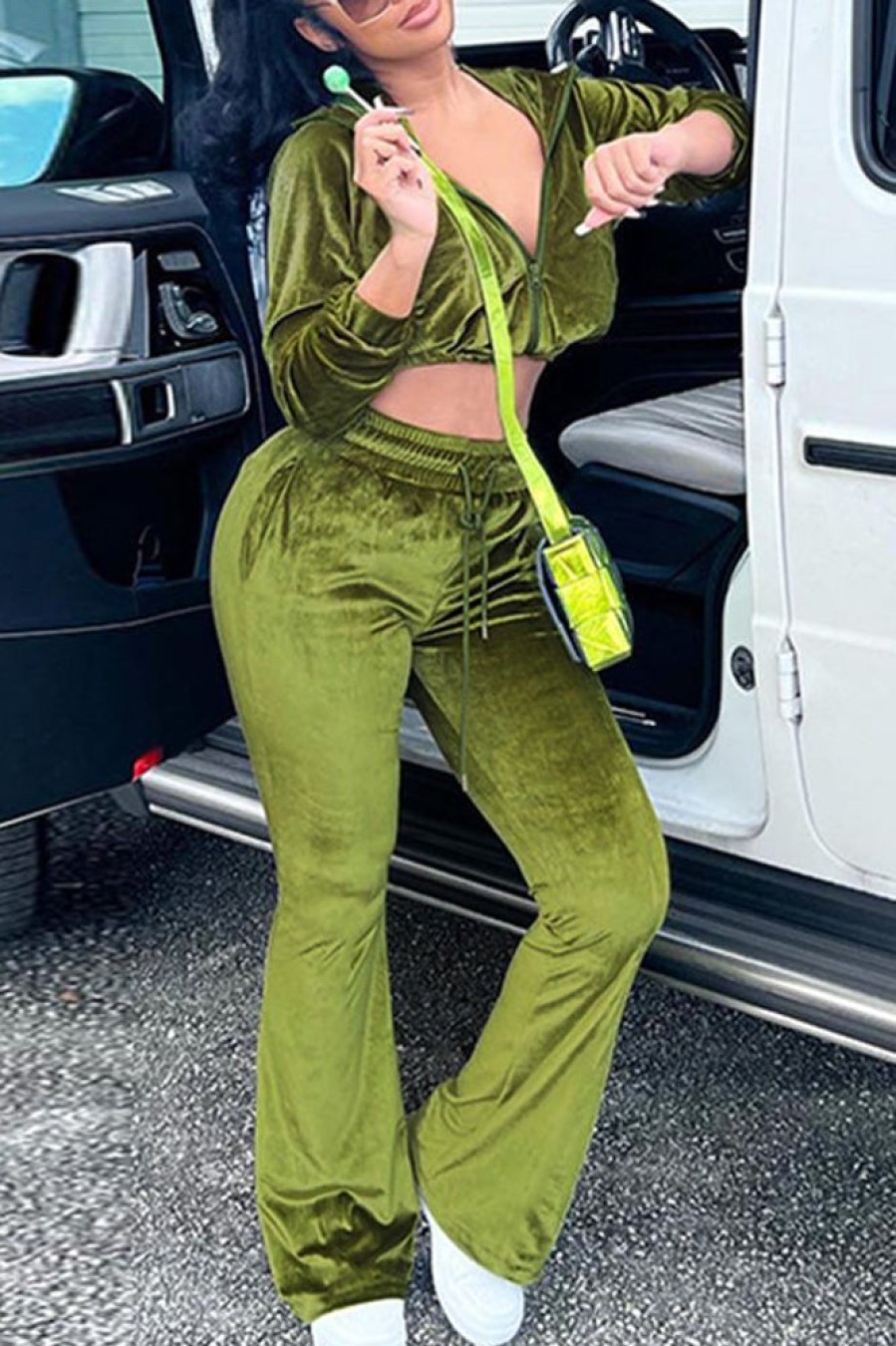 2-Pieces female | Fashion Cardigan Zipper Long Sleeve Top Slim Fit Lace-Up Trouser Set Green