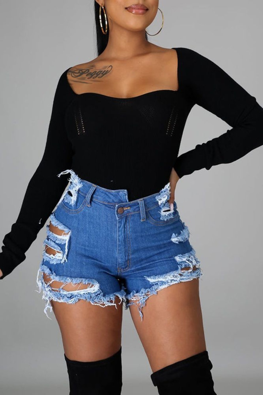 Bottoms female | Irregular Ripped Frayed Stretch Denim Shorts