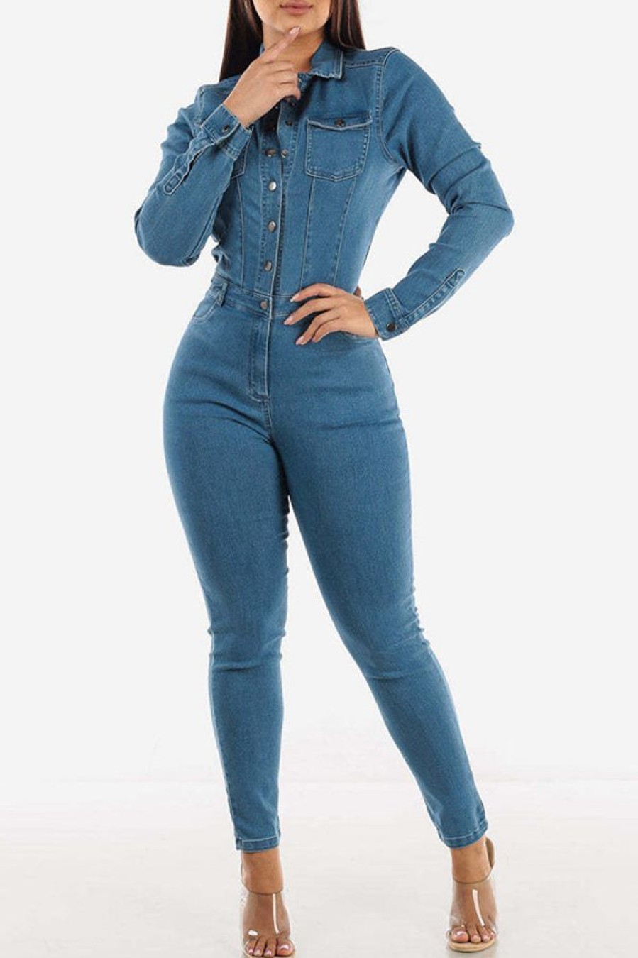 Jumpsuits & Rompers female | Casual Elastic Long-Sleeved Washed Denim Jumpsuit Wathet Blue