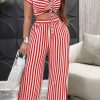 2-Pieces female | Casual V-Neck Drawstring Striped Pants Set