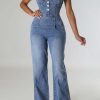 Jumpsuits & Rompers female | Fashion Casual Sexy Straps Wide Leg Denim Jumpsuit Blue