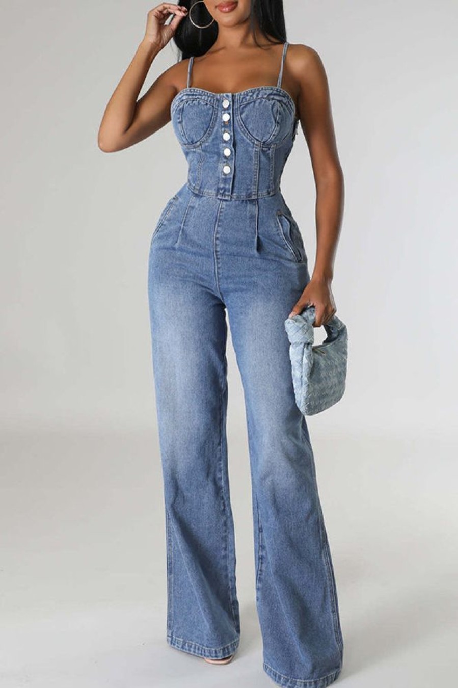 Jumpsuits & Rompers female | Fashion Casual Sexy Straps Wide Leg Denim Jumpsuit Blue