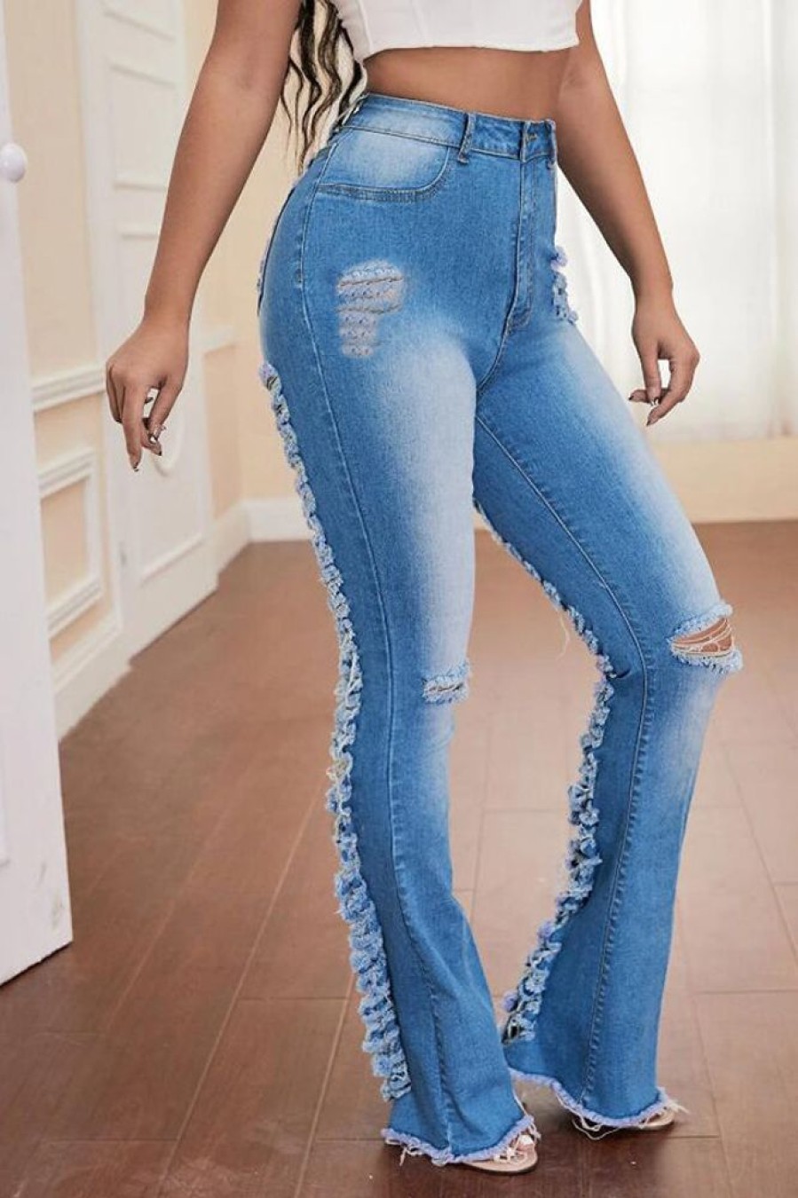 Bottoms female | Fashion Hole Slim Fit High Waist Flared Jeans Blue