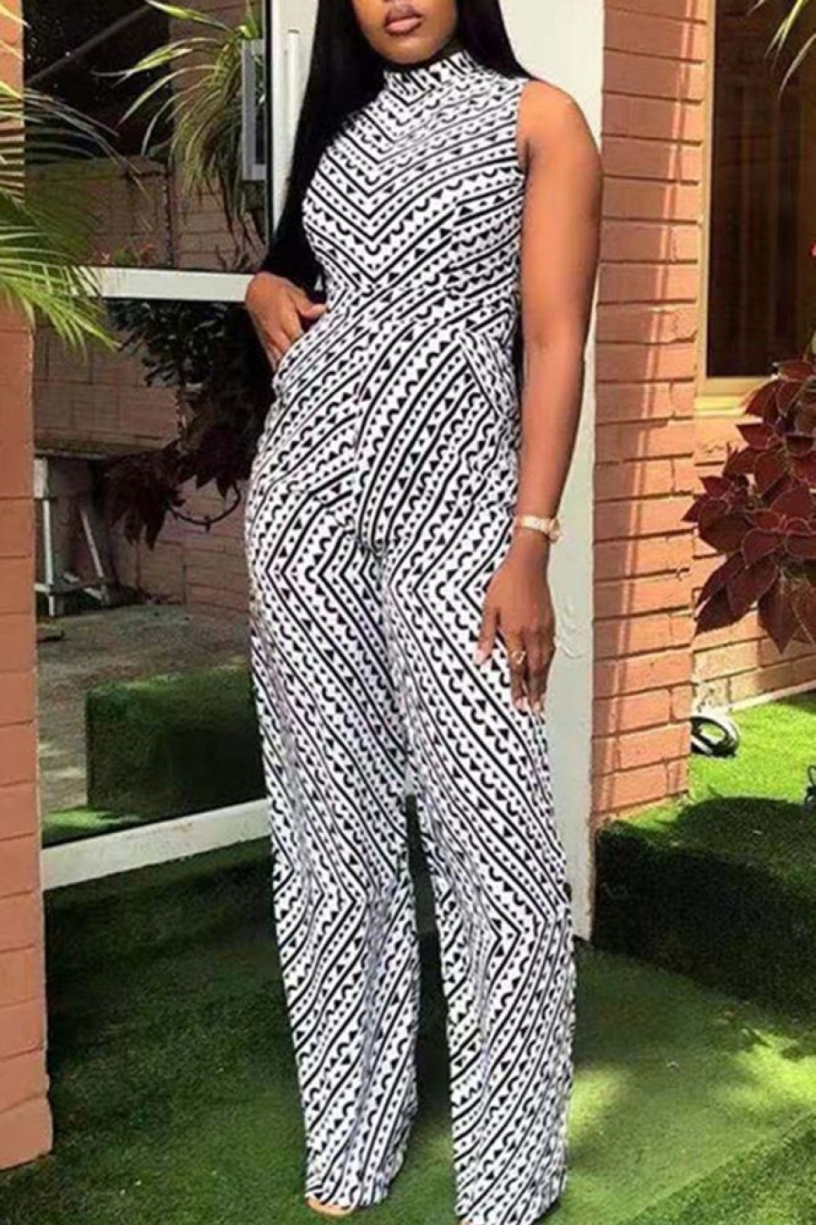 Jumpsuits & Rompers female | Elegant Chiffon Stripe Print Wide Leg Jumpsuit White