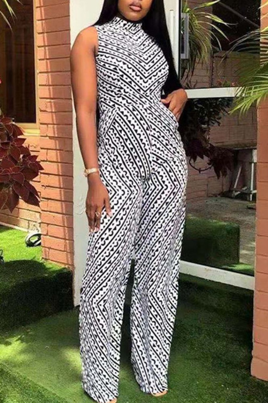 Jumpsuits & Rompers female | Elegant Chiffon Stripe Print Wide Leg Jumpsuit White