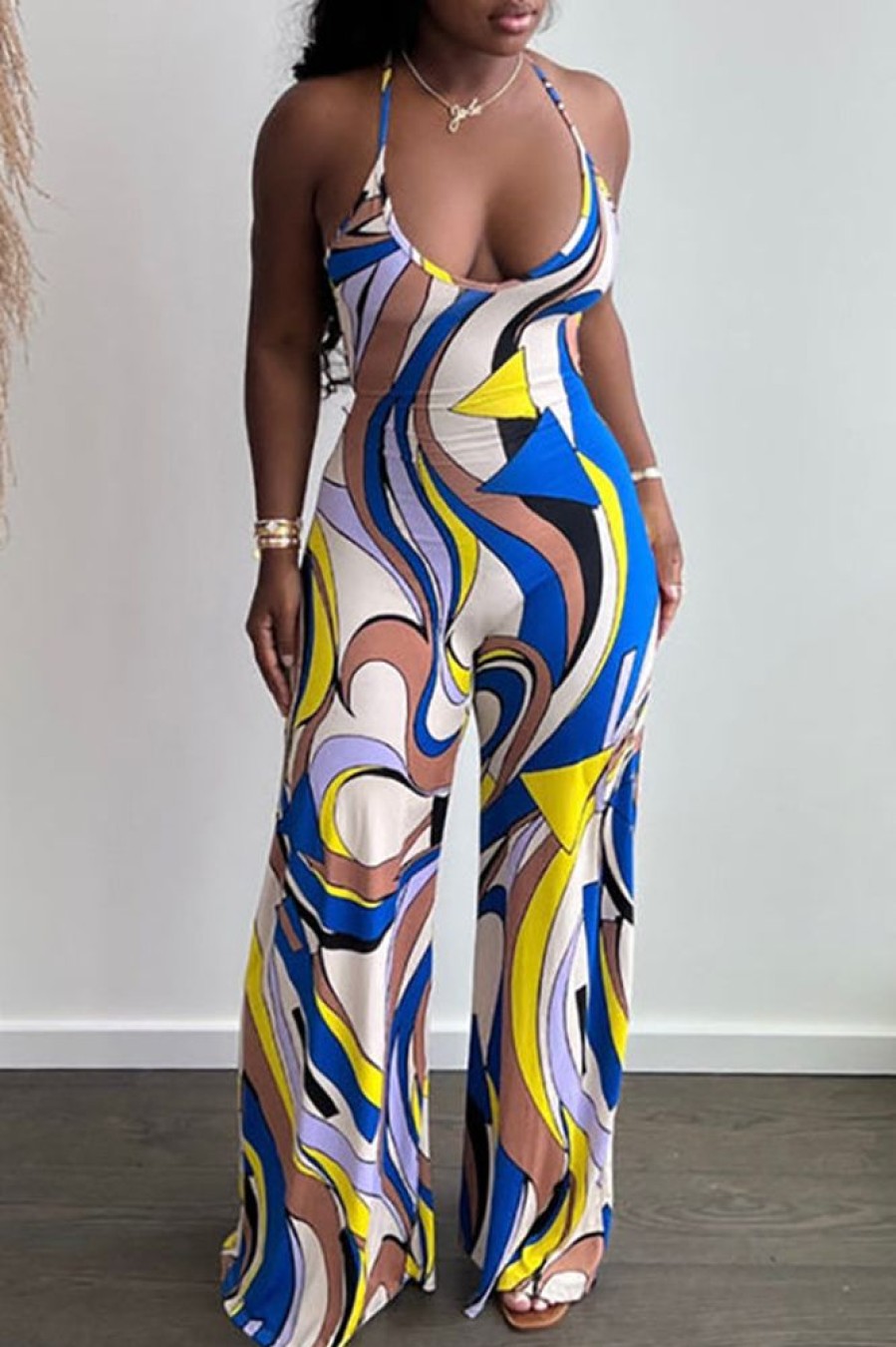 Jumpsuits & Rompers female | Abstract Print Halterneck Backless Wide Leg Jumpsuit