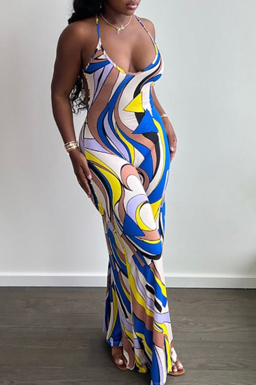 Jumpsuits & Rompers female | Abstract Print Halterneck Backless Wide Leg Jumpsuit