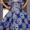 Dresses female | Elegant Off Shoulder Puff Sleeve Printed Plus Size Midi Dress Blue