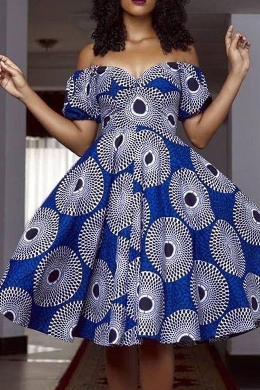 Dresses female | Elegant Off Shoulder Puff Sleeve Printed Plus Size Midi Dress Blue