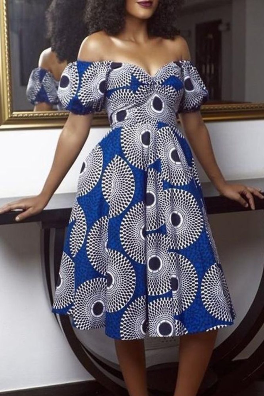 Dresses female | Elegant Off Shoulder Puff Sleeve Printed Plus Size Midi Dress Blue