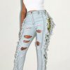 Bottoms female | Sexy Ripped Raw Edge Hollow Strap Slim-Fit Jeans Wathet Blue