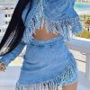 2-Pieces female | Fashion Asymmetric Tassel Stitching Denim Skirt Suit Blue