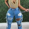 Bottoms female | Fashion Ripped Fringed High-Rise Jeans Wathet Blue