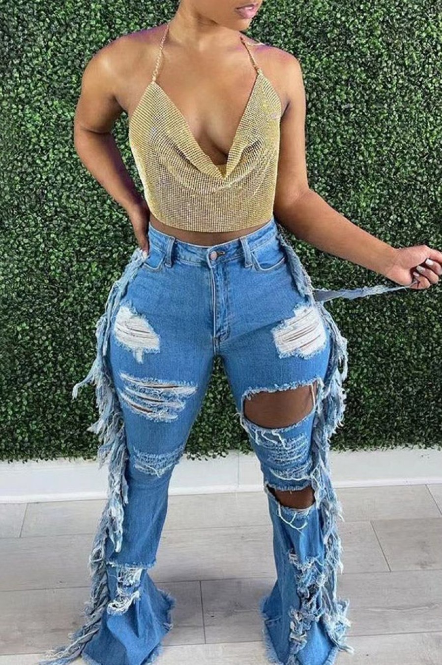 Bottoms female | Fashion Ripped Fringed High-Rise Jeans Wathet Blue