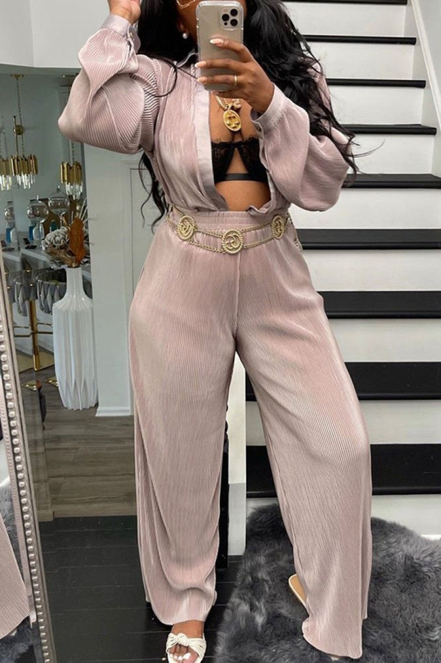 2-Pieces female | Simple Pleated Solid Color Long Sleeve Blouse Elastic Waist Straight-Leg Pant Suits