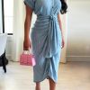 Dresses female | Sleek Gathered Waist Lace-Up Denim Dress Blue