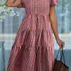 Dresses female | Pretty Round Collar Ruffle Sleeve Tiered Midi Dress Pink