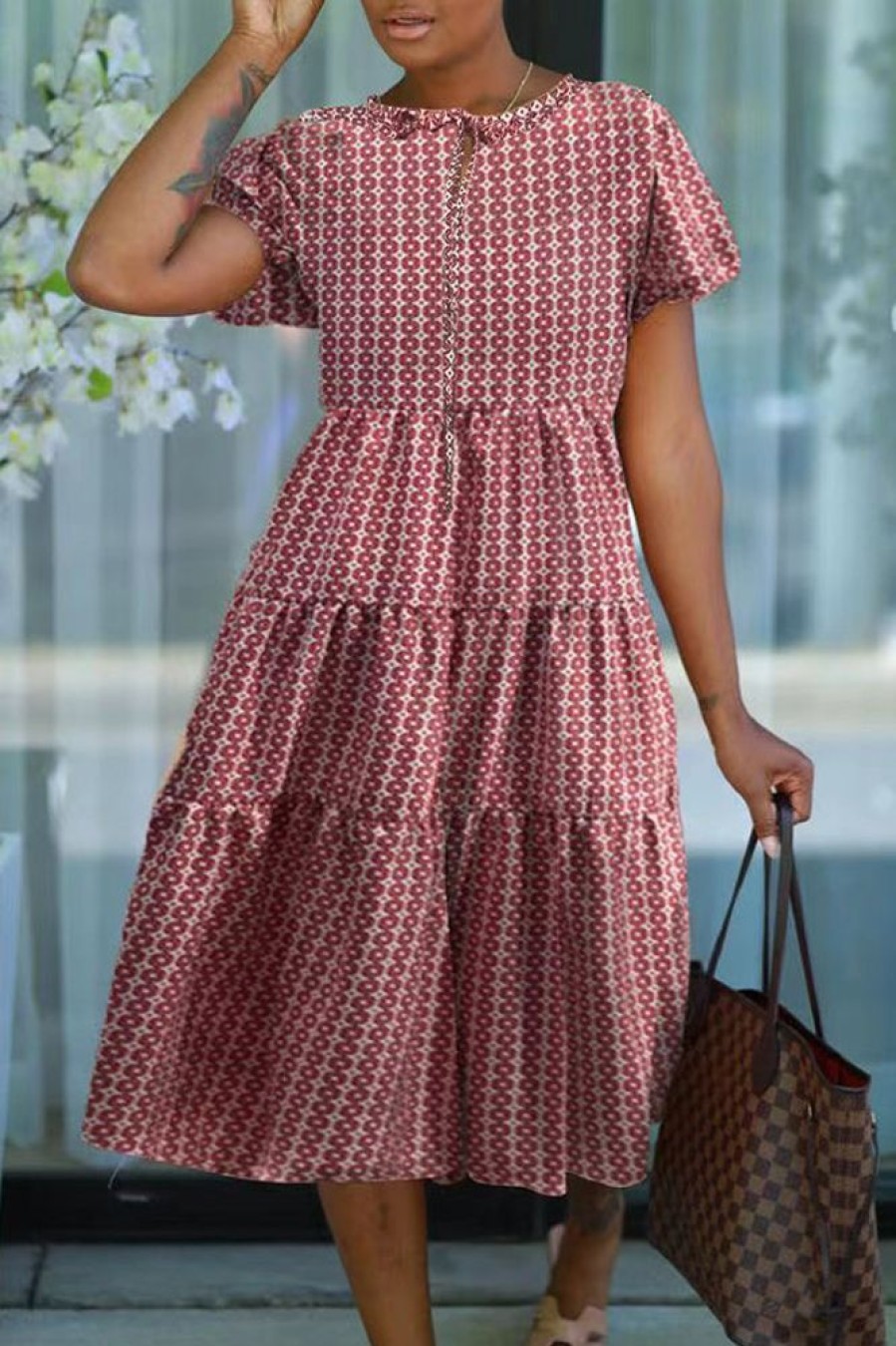 Dresses female | Pretty Round Collar Ruffle Sleeve Tiered Midi Dress Pink