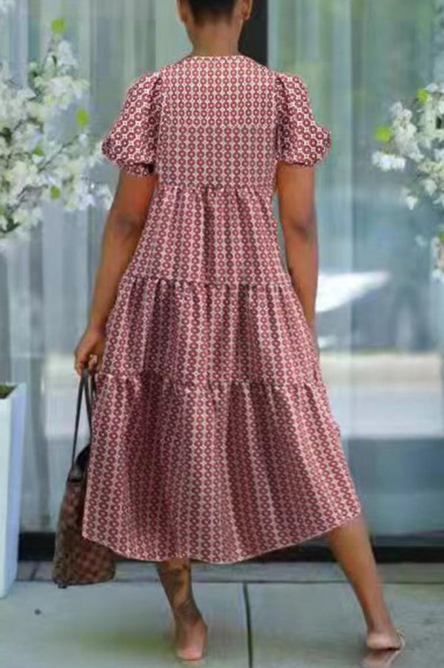 Dresses female | Pretty Round Collar Ruffle Sleeve Tiered Midi Dress Pink