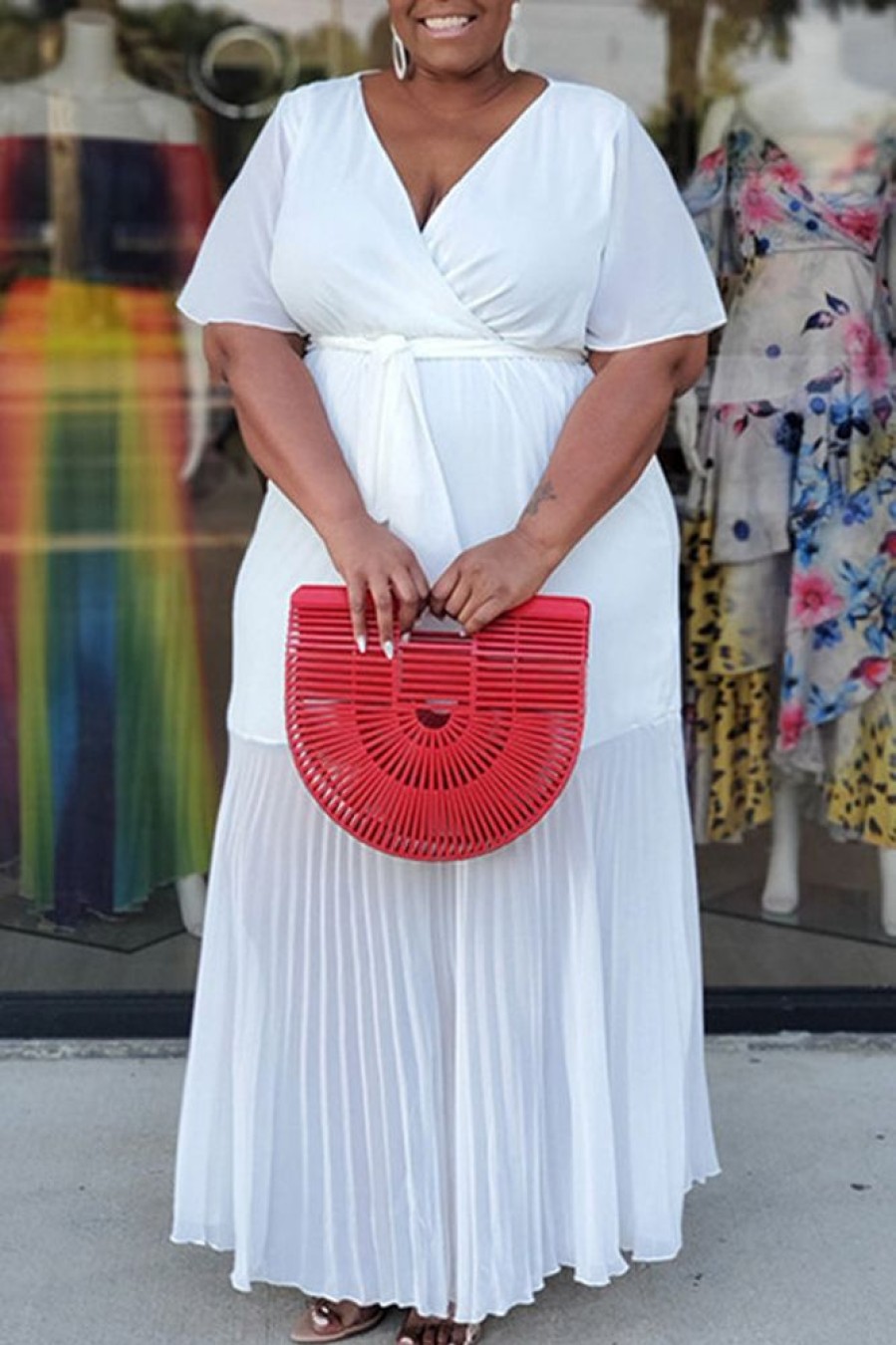 Dresses female | Plus Size Solid Chiffon Pleated Tie Waist Maxi Dress White