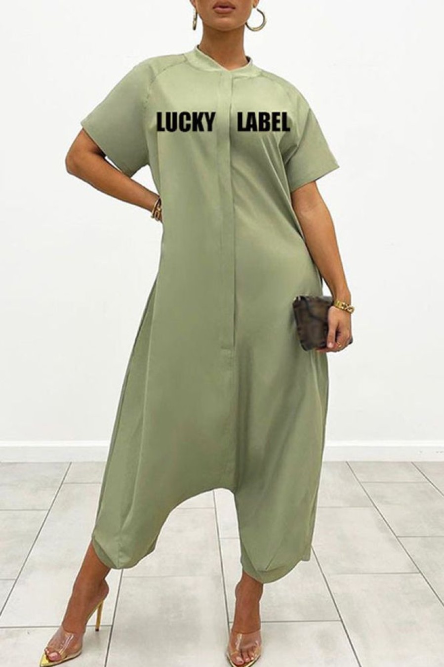 Jumpsuits & Rompers female | Statement Short Sleeve Letter Print Low Crotch Jumpsuits