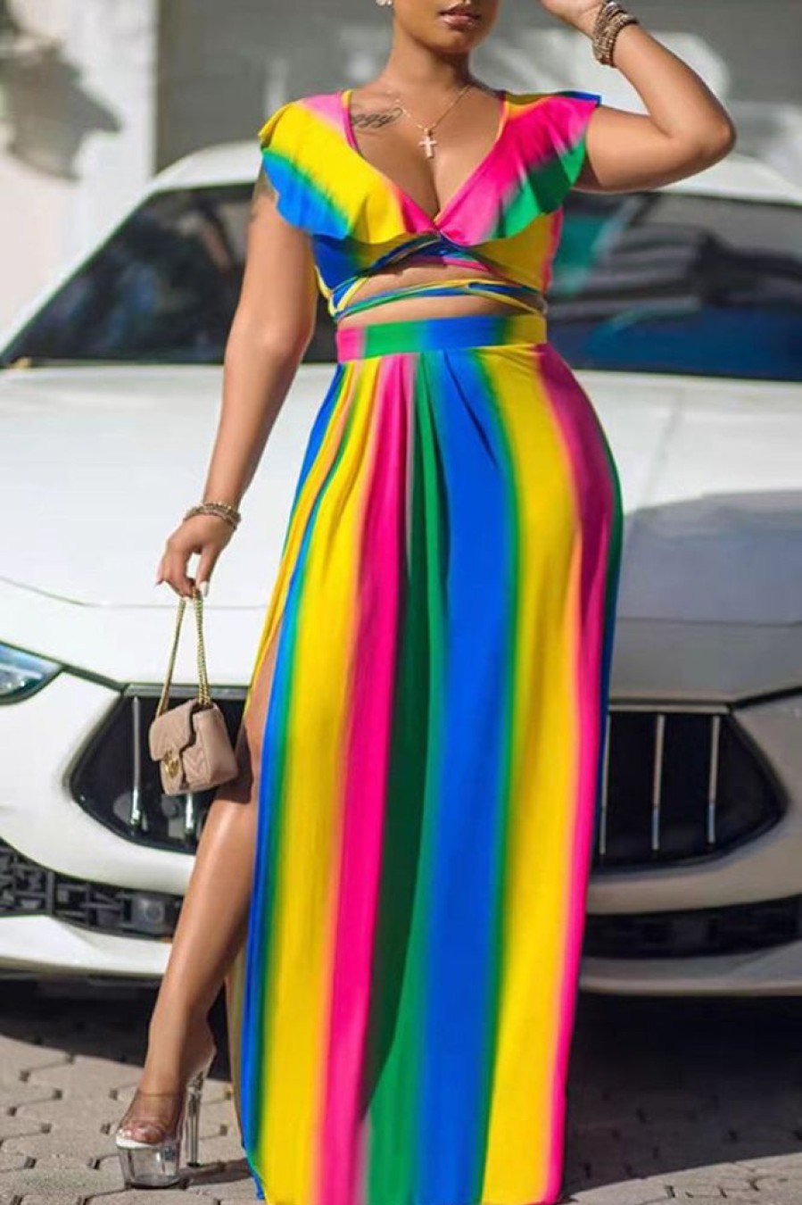 2-Pieces female | Plus Size Ruffled Rainbow Lace Up Dress Suit Multicolor