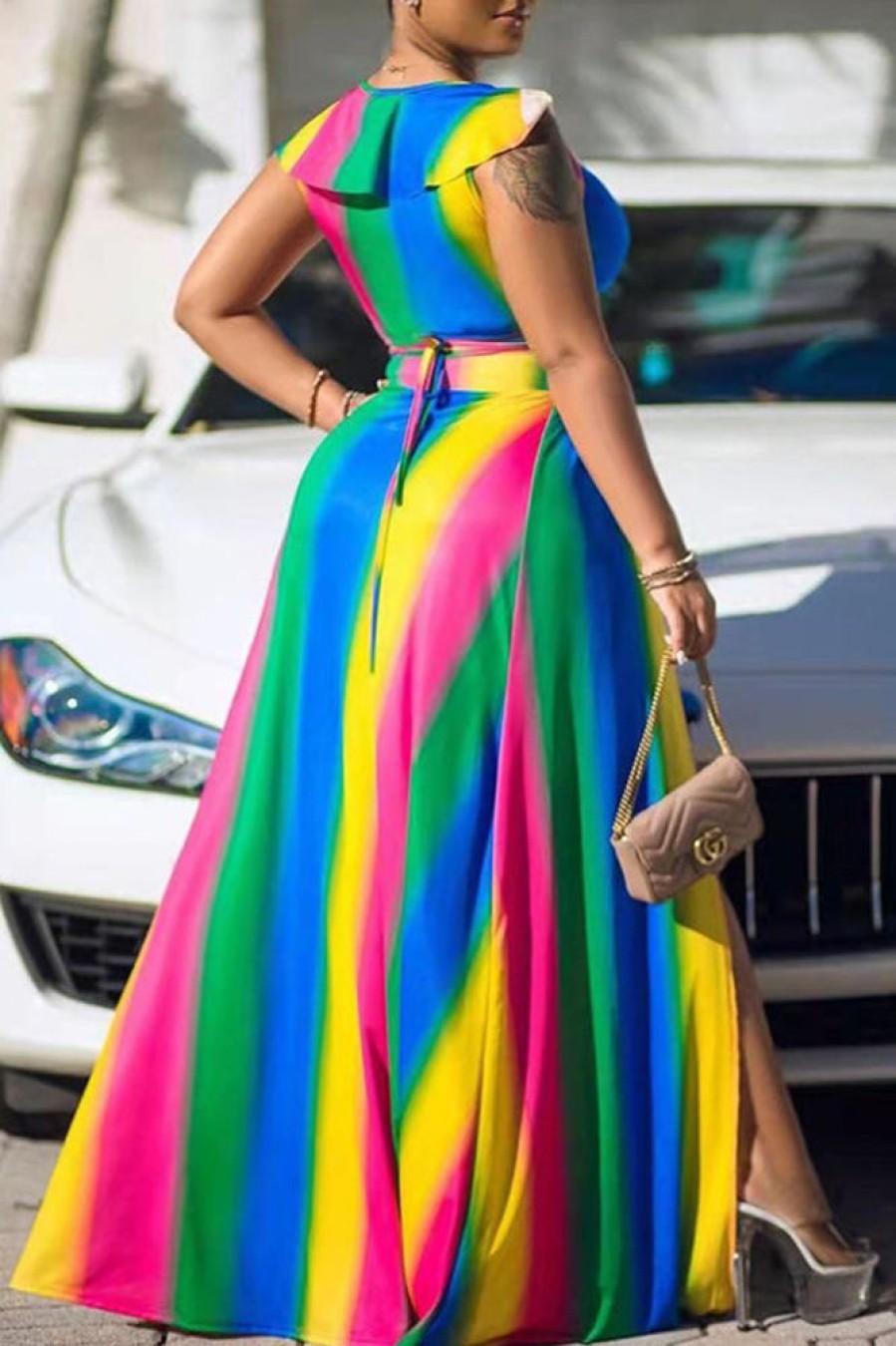 2-Pieces female | Plus Size Ruffled Rainbow Lace Up Dress Suit Multicolor