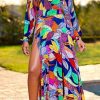 Dresses female | Sexy Leaf Print Long Sleeve V-Neck High Slit Maxi Dress Multicolor