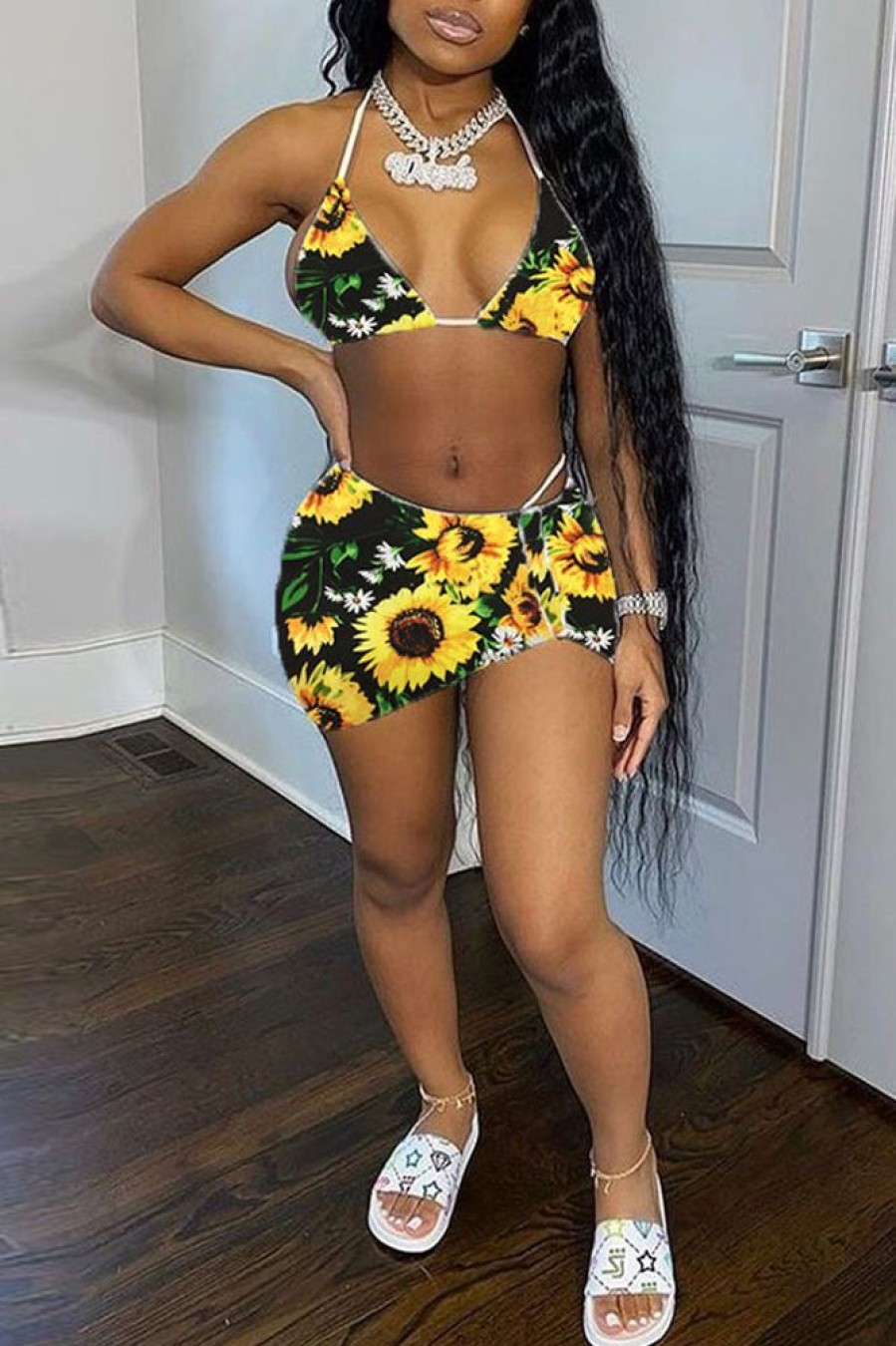 Swimwear female | Casual Print Sling Bikini Skirt Three Piece Swimsuit