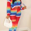 2-Pieces female | Sport Rainbow Print Short Hoodie Print Leggings Set Red