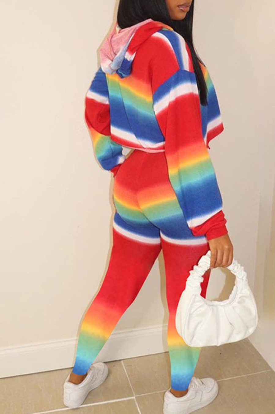 2-Pieces female | Sport Rainbow Print Short Hoodie Print Leggings Set Red