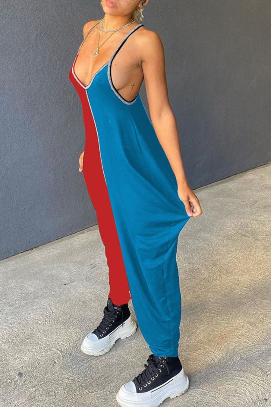 Jumpsuits & Rompers female | Casual Loose V-Neck Colorblock Patchwork Jumpsuit