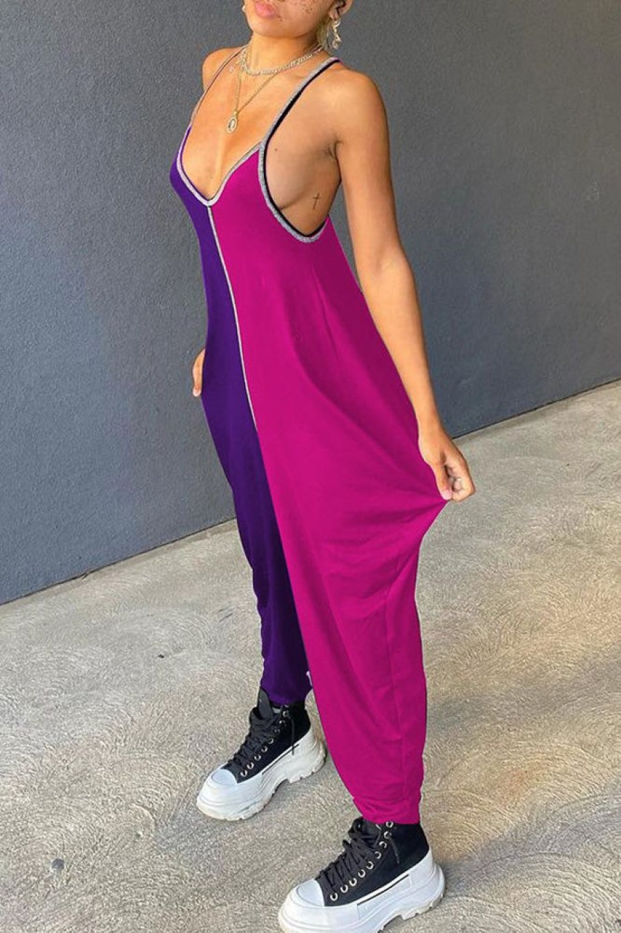 Jumpsuits & Rompers female | Casual Loose V-Neck Colorblock Patchwork Jumpsuit