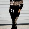 2-Pieces female | Fashion Leopard Print Patchwork High Neck Loose Sports Long Sleeve Pants Set Black