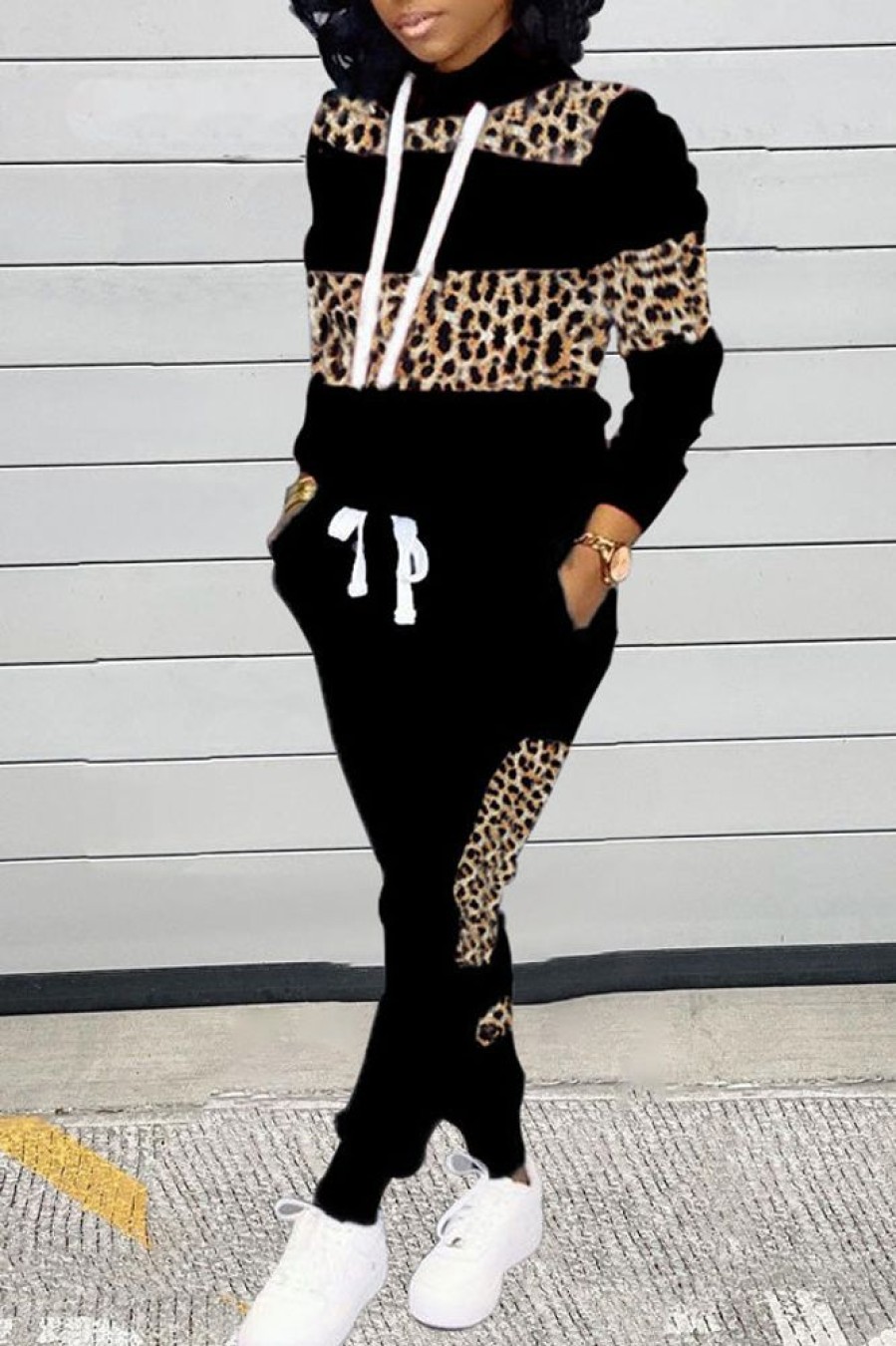 2-Pieces female | Fashion Leopard Print Patchwork High Neck Loose Sports Long Sleeve Pants Set Black