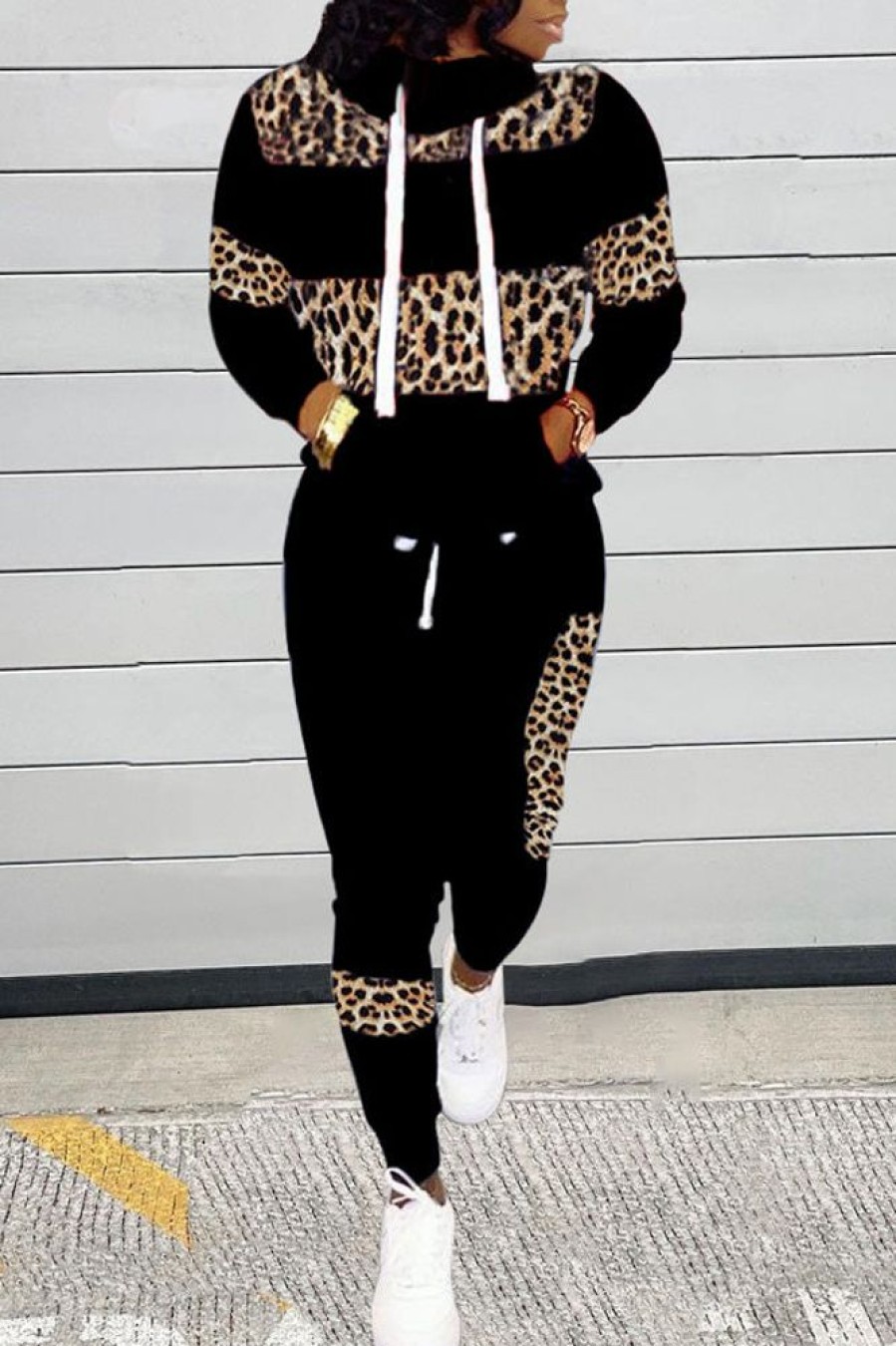 2-Pieces female | Fashion Leopard Print Patchwork High Neck Loose Sports Long Sleeve Pants Set Black