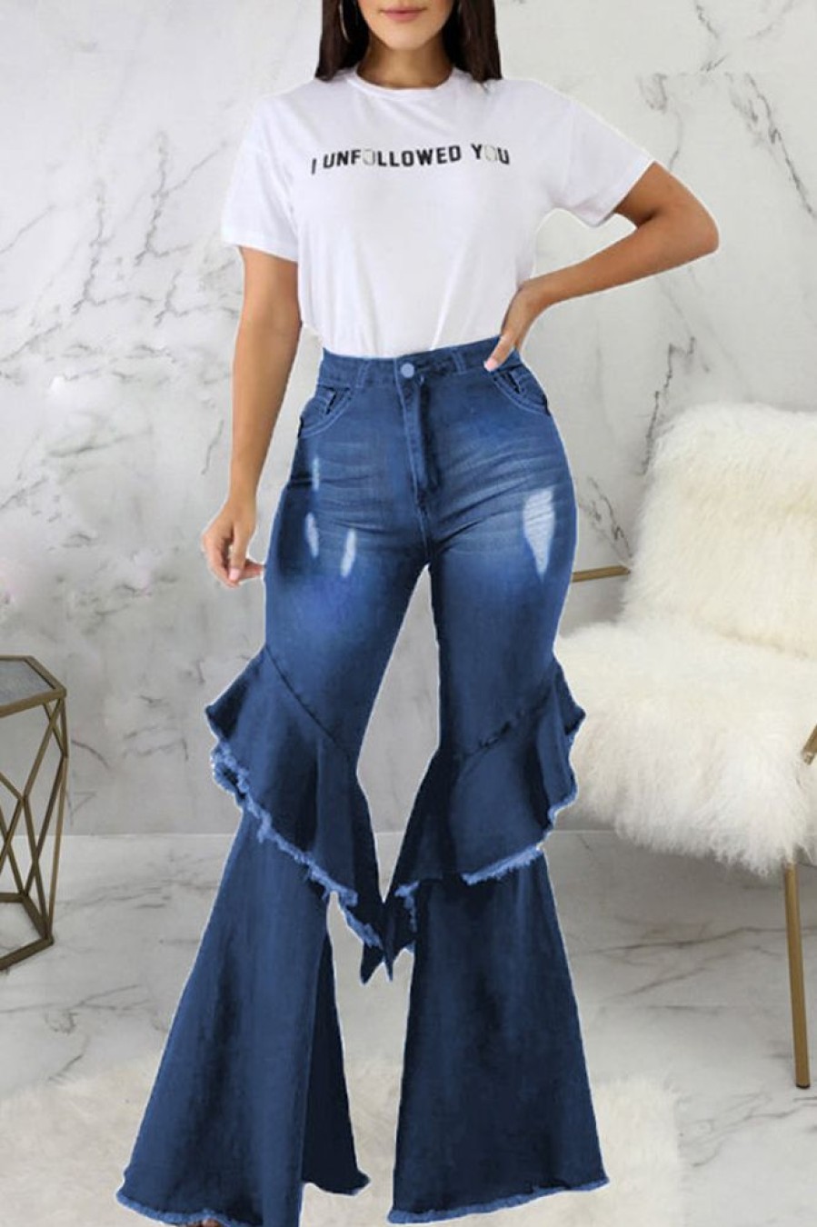 Bottoms female | Fashion High Waist Ruffle Flare Jeans Blue