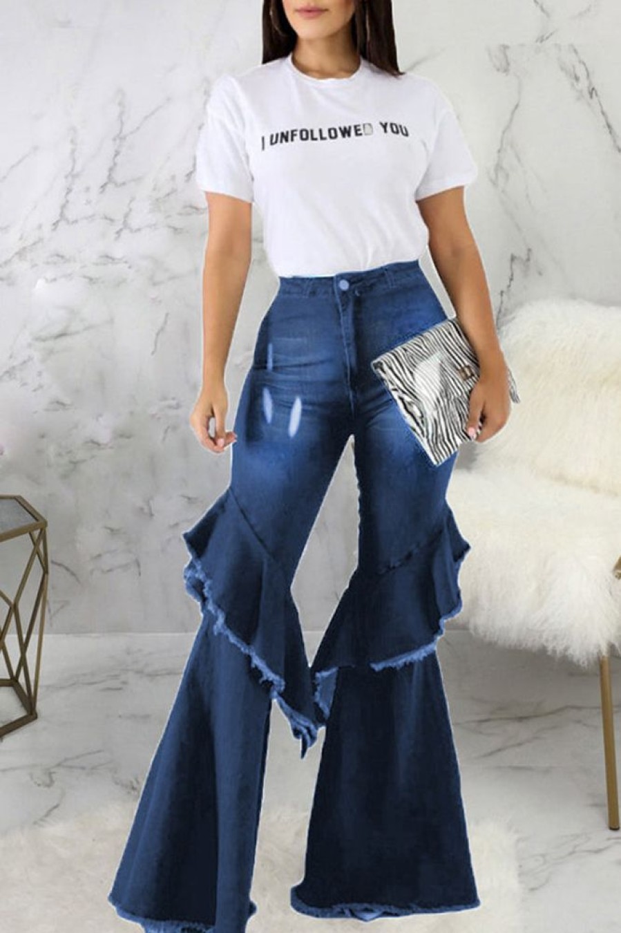 Bottoms female | Fashion High Waist Ruffle Flare Jeans Blue