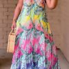 Dresses female | Gradient Print Pleated Backless Plus Size Maxi Dress Pink