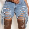 Bottoms female | Fashion High Waist Ripped Hole Washed Personality Hole Tassel Short Hot Pants Blue