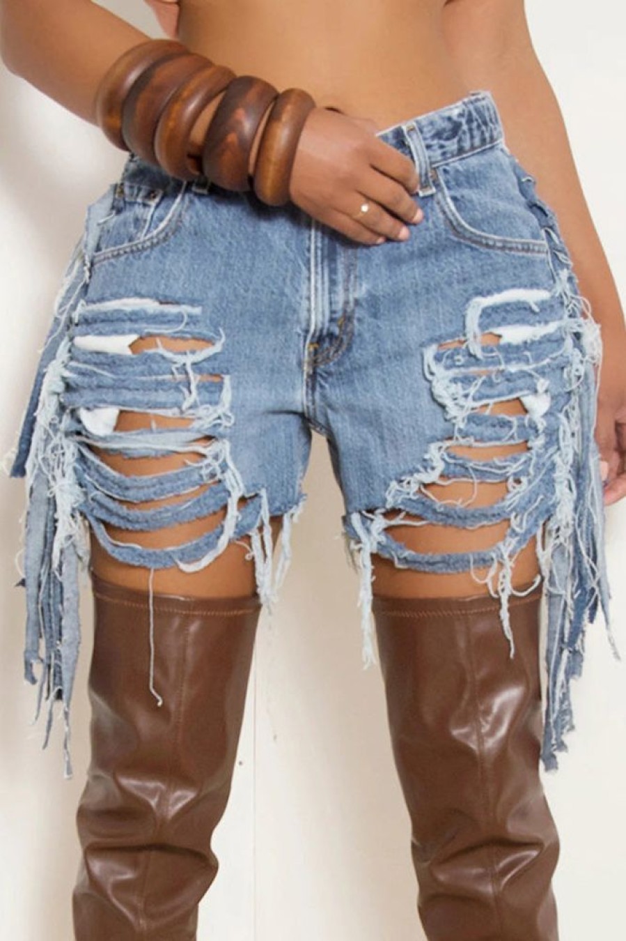 Bottoms female | Fashion High Waist Ripped Hole Washed Personality Hole Tassel Short Hot Pants Blue