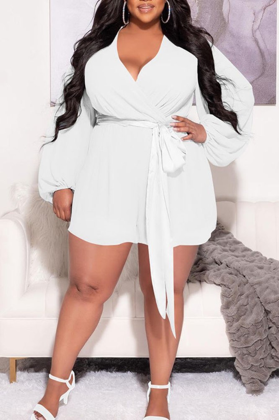 Jumpsuits & Rompers female | Plus Size Fashion Solid Color Chiffon Romper With Belt