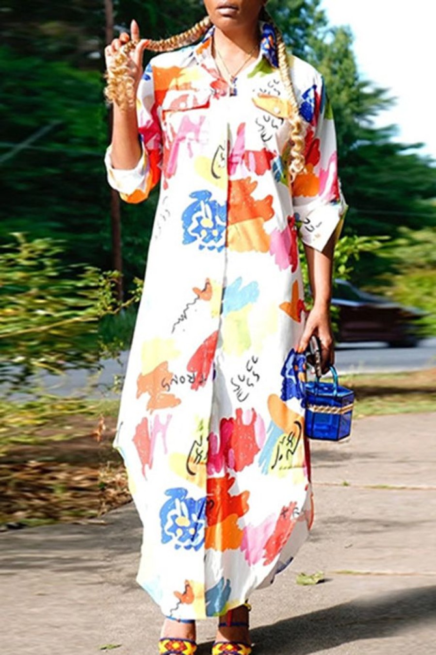 Dresses female | Fashion Print Long Sleeve Single Breasted Shirt Maxi Dress