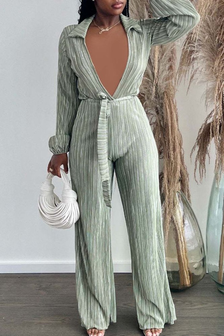 Jumpsuits & Rompers female | Sexy Deep V Lapel Pleated High Waist Wide Leg Jumpsuit Light Green