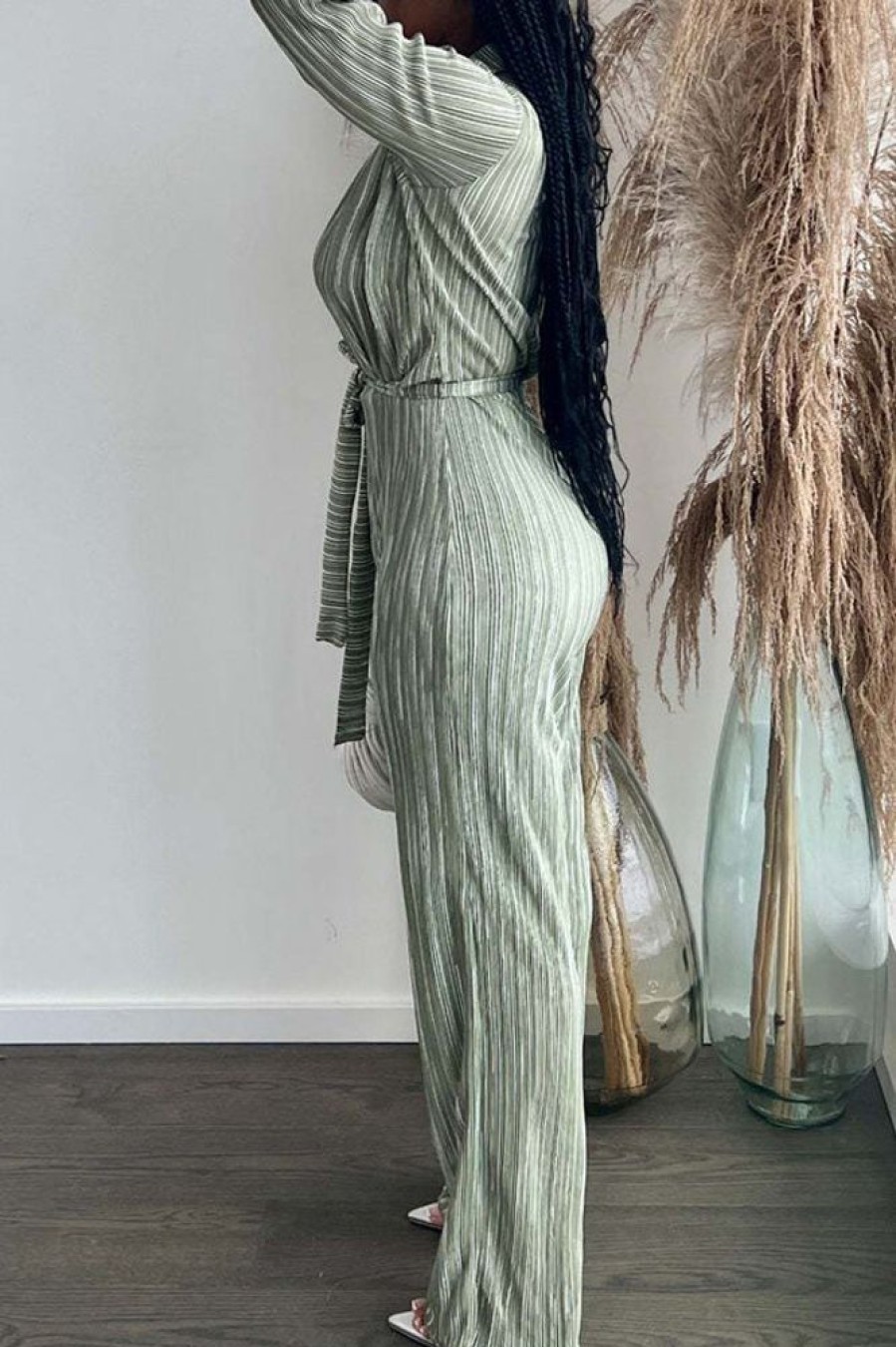 Jumpsuits & Rompers female | Sexy Deep V Lapel Pleated High Waist Wide Leg Jumpsuit Light Green