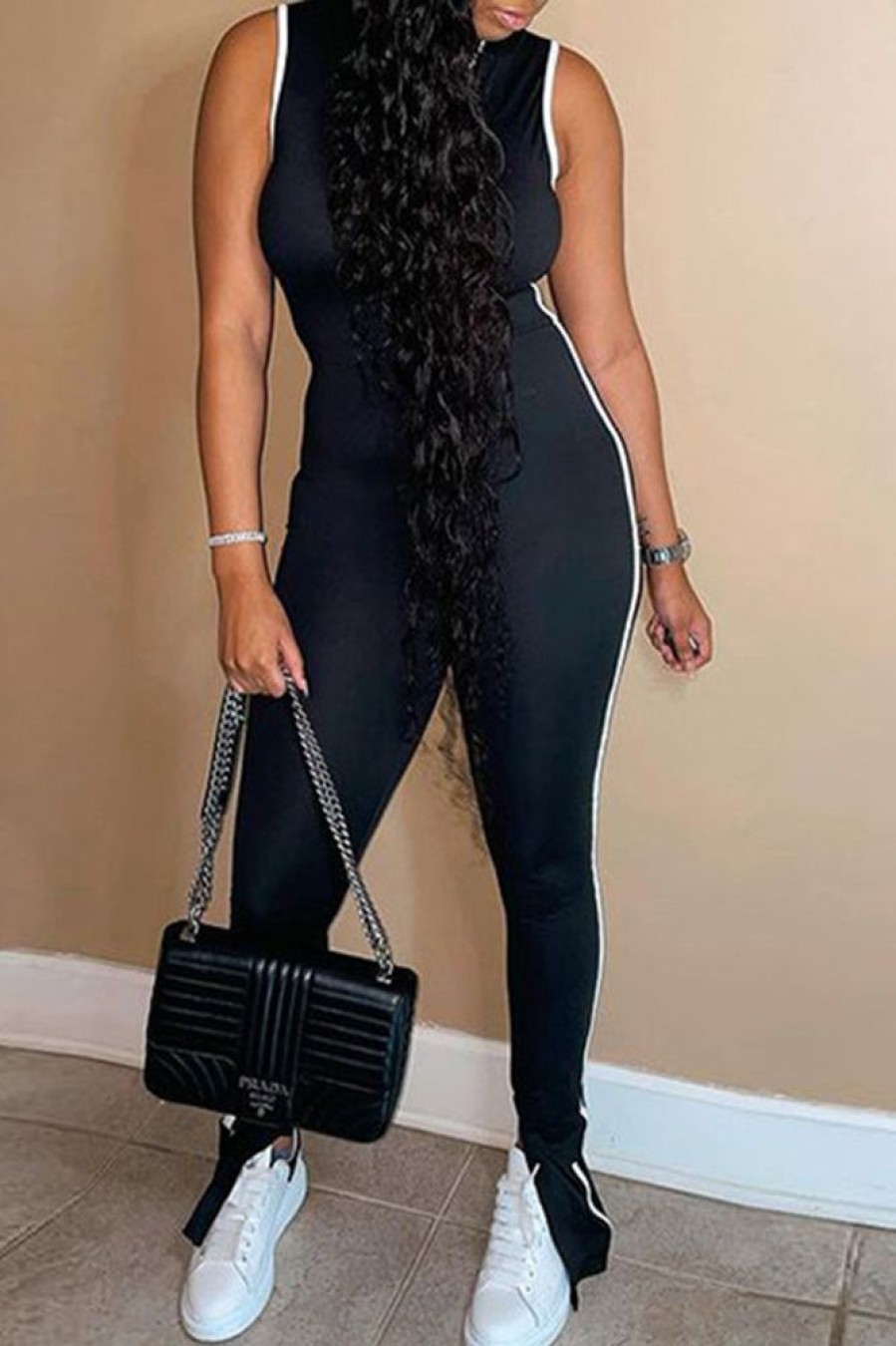 Jumpsuits & Rompers female | Fashion Slit Slim-Fit Trim Sleeveless Jumpsuit Black