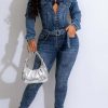 Jumpsuits & Rompers female | Fashion Slim Pocket Long Sleeve Zip Lapel Belt Denim Jumpsuits Blue