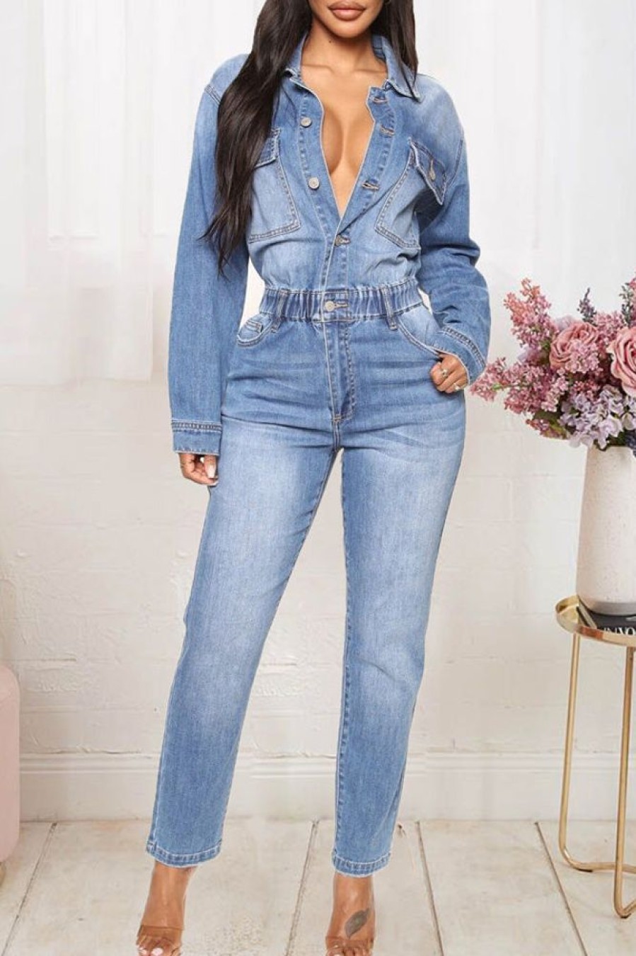 2-Pieces female | Casual Slim Elastic Small Foot Washed Denim Jumpsuit Blue