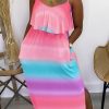 Dresses female | Gradient Print Ruffled Slit Sling Maxi Dress Pink